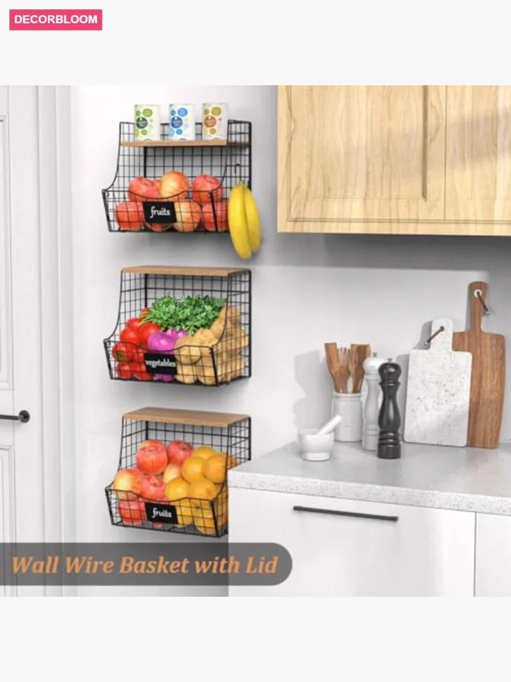 3 Pack Wire Fruit Basket with Wood Lid - Counter & Wall Mount Storage